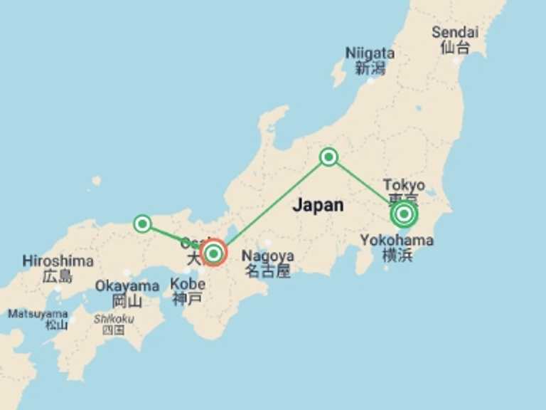 Map itinerary of Kyoto Tour in March 2026 with 6 destination visits for the trip: Back Roads of Japan