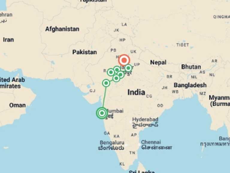 Map itinerary of India Tour in February 2027 with 8 destination visits for the trip: Premium India in Depth