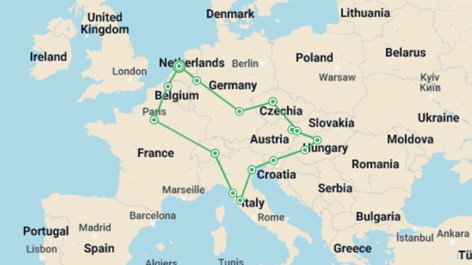 A map showing the tour itinerary for the trip: Europe Jewel, starting in Amsterdam, Holland and ending in Amsterdam, Holland going through 10 other destinations.