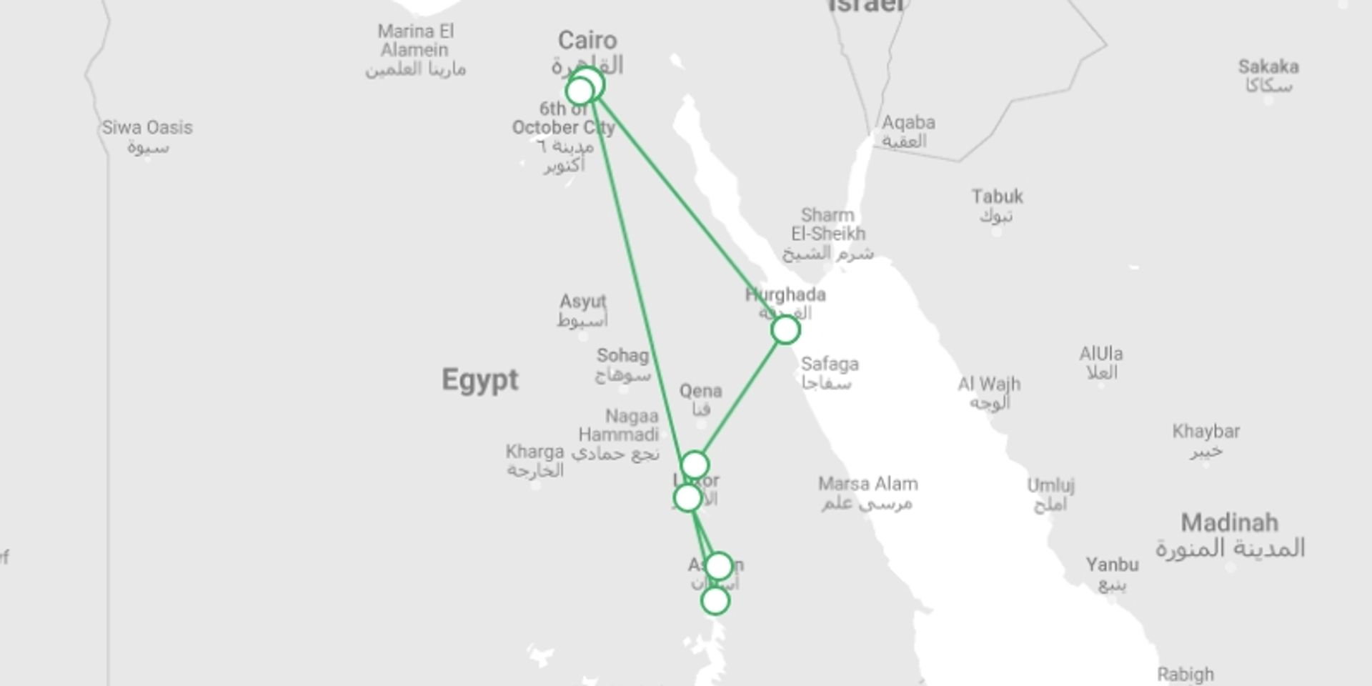 A map showing the tour itinerary for the trip: Cairo, Nile Valley & Red Sea Resort 5 star - 10 days, starting in Cairo, Egypt and ending in Cairo, Egypt going through 5 other destinations.