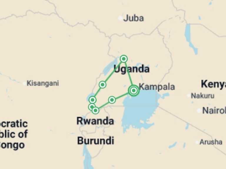 Map itinerary of Africa Tour in September 2026 with 7 destination visits for the trip: Best of Uganda
