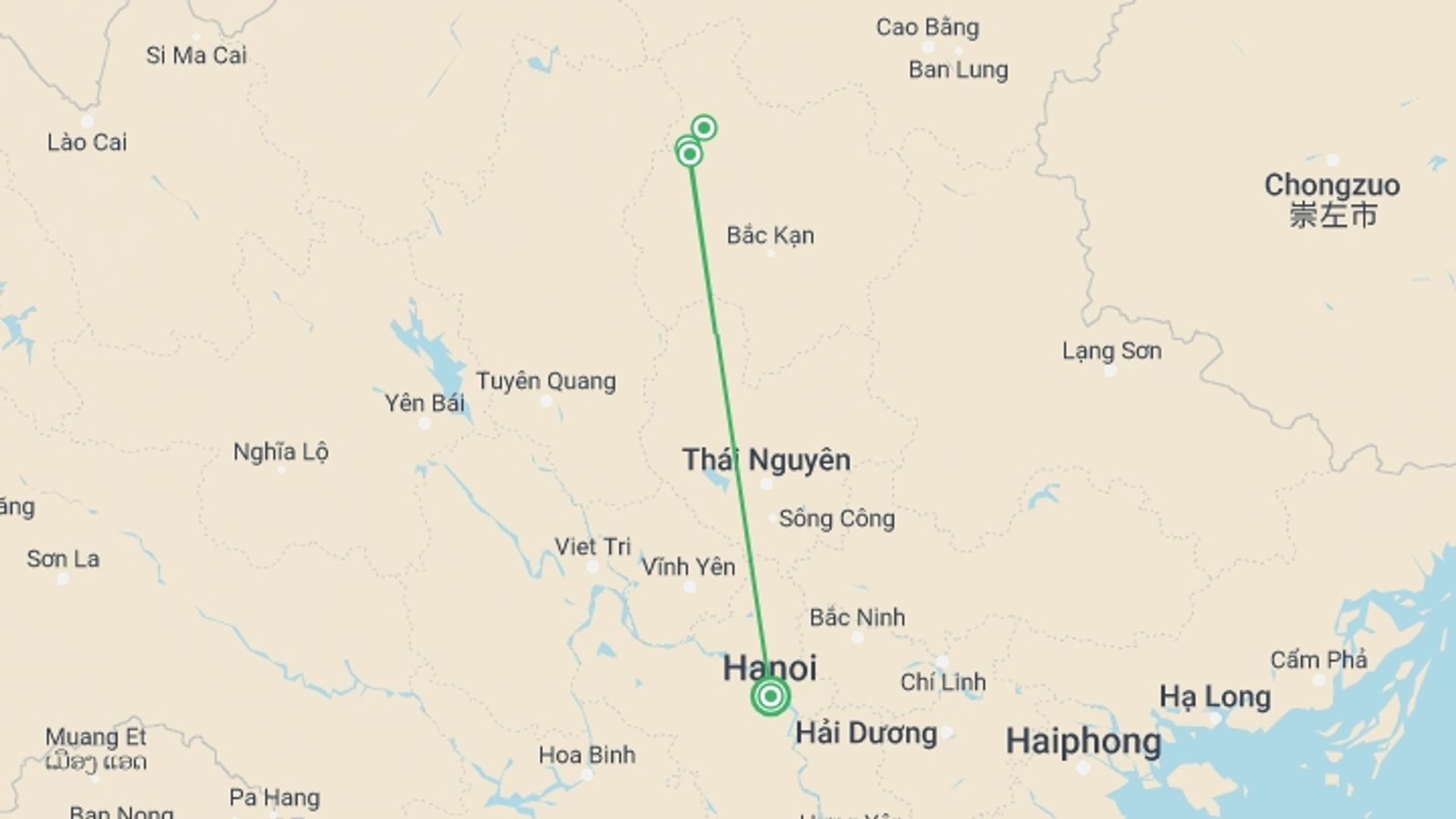 A map showing the tour itinerary for the trip: Ba Be Hidden Trails Trekking 3 Days 2 Nights, starting in Hanoi, Vietnam and ending in Hanoi, Vietnam going through 2 other destinations.