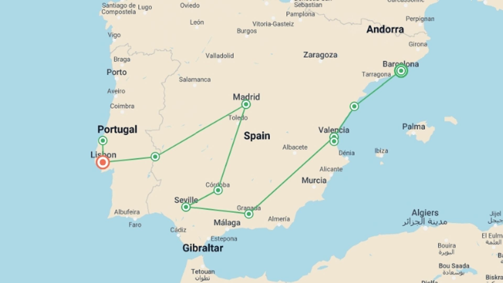 A map showing the tour itinerary for the trip: Spain's Classics & Portugal , starting in Barcelona, Spain and ending in Lisbon, Portugal going through 0 other destinations.
