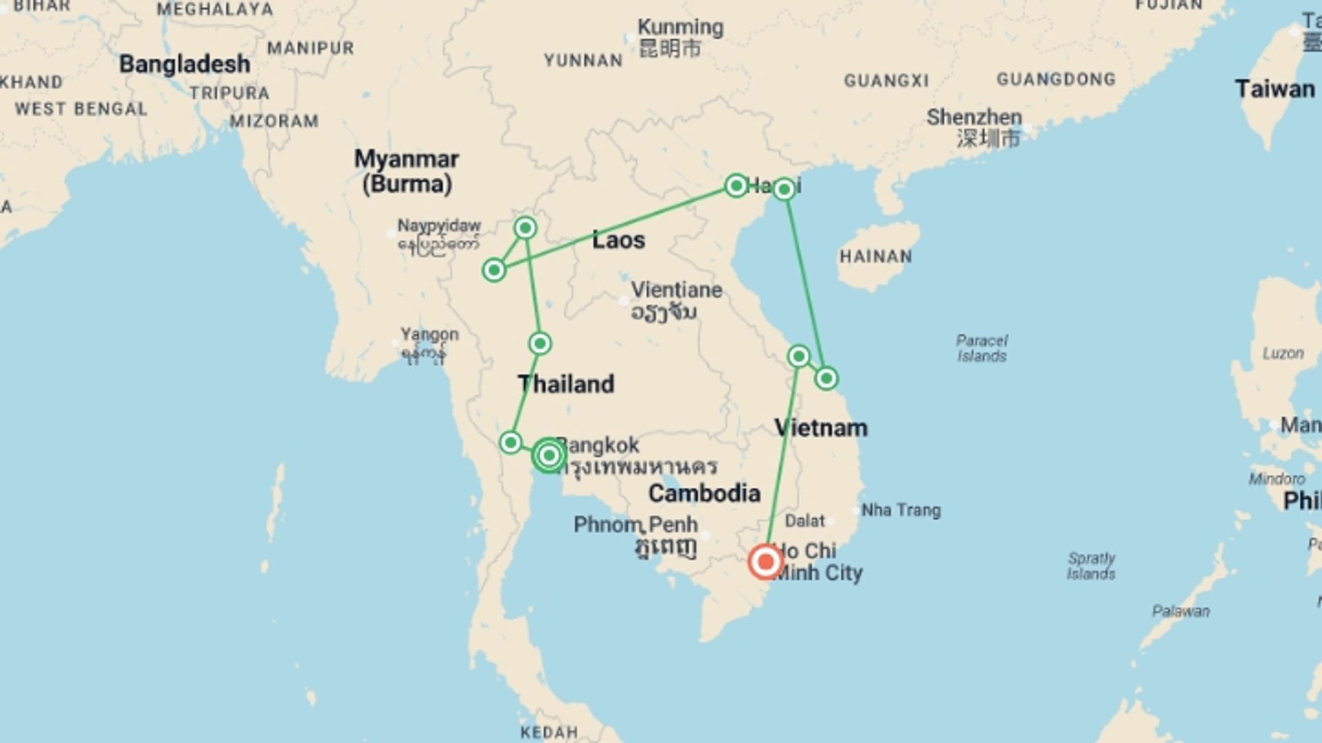 A map showing the tour itinerary for the trip: Best of Thailand & Vietnam (4 Star Hotels), starting in Bangkok, Thailand and ending in Ho Chi Minh City, Vietnam going through 8 other destinations.