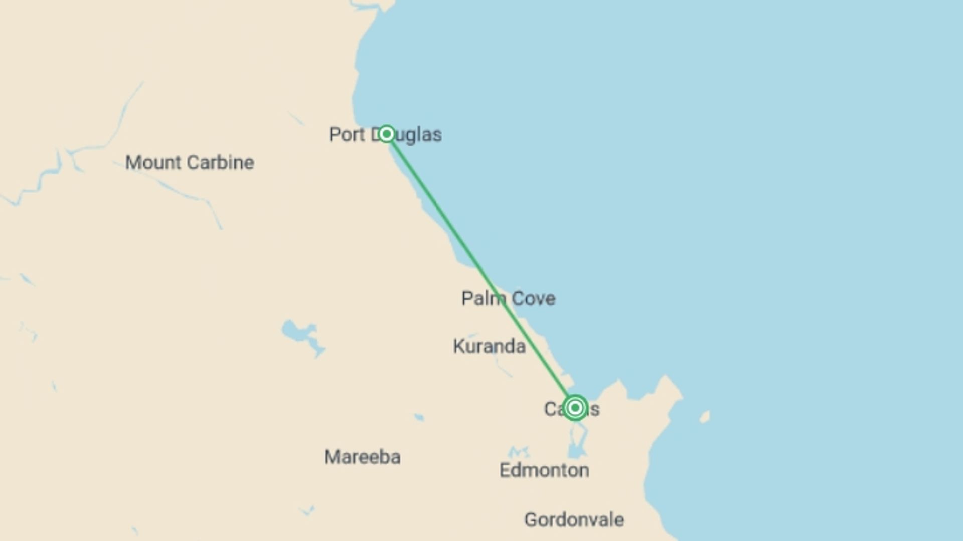 A map showing the tour itinerary for the trip: Daintree Rainforest & Port Douglas – 3 Day Boutique Tour, starting in Cairns, Australia and ending in Cairns, Australia going through 2 other destinations.