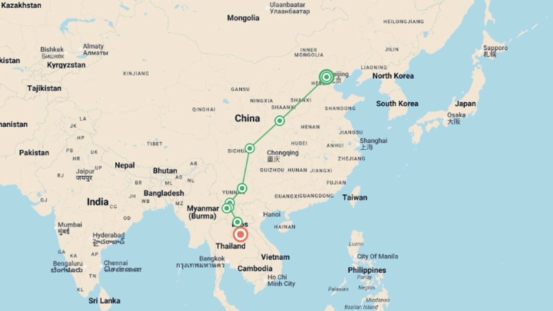 A map showing the tour itinerary for the trip: China to Laos (4-5 Star) - 16 days, starting in Beijing, China and ending in Vientiane, Laos going through 7 other destinations.