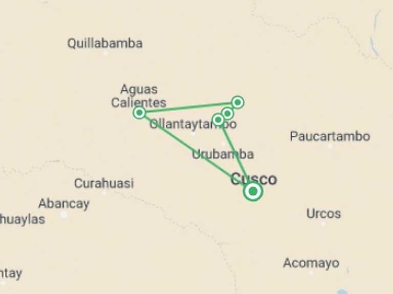 Map itinerary of Peru Tour in July 2027 with 5 destination visits for the trip: Lares Trek