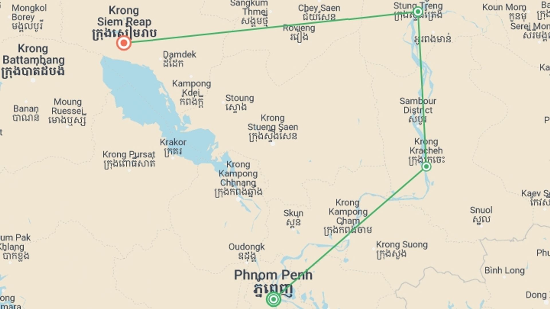 A map showing the tour itinerary for the trip: Cambodia: Hike, Bike & Kayak, starting in Phnom Penh, Cambodia and ending in Siem Reap, Cambodia going through 2 other destinations.