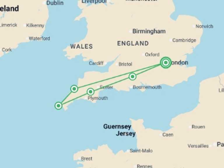Map itinerary of London Tour in May 2027 with 5 destination visits for the trip: Highlights of South-West England
