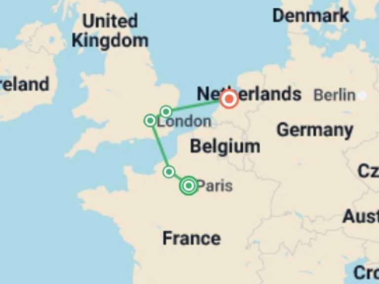 Map itinerary of Europe Tour in June 2026 with 5 destination visits for the trip: Paris, London and Amsterdam