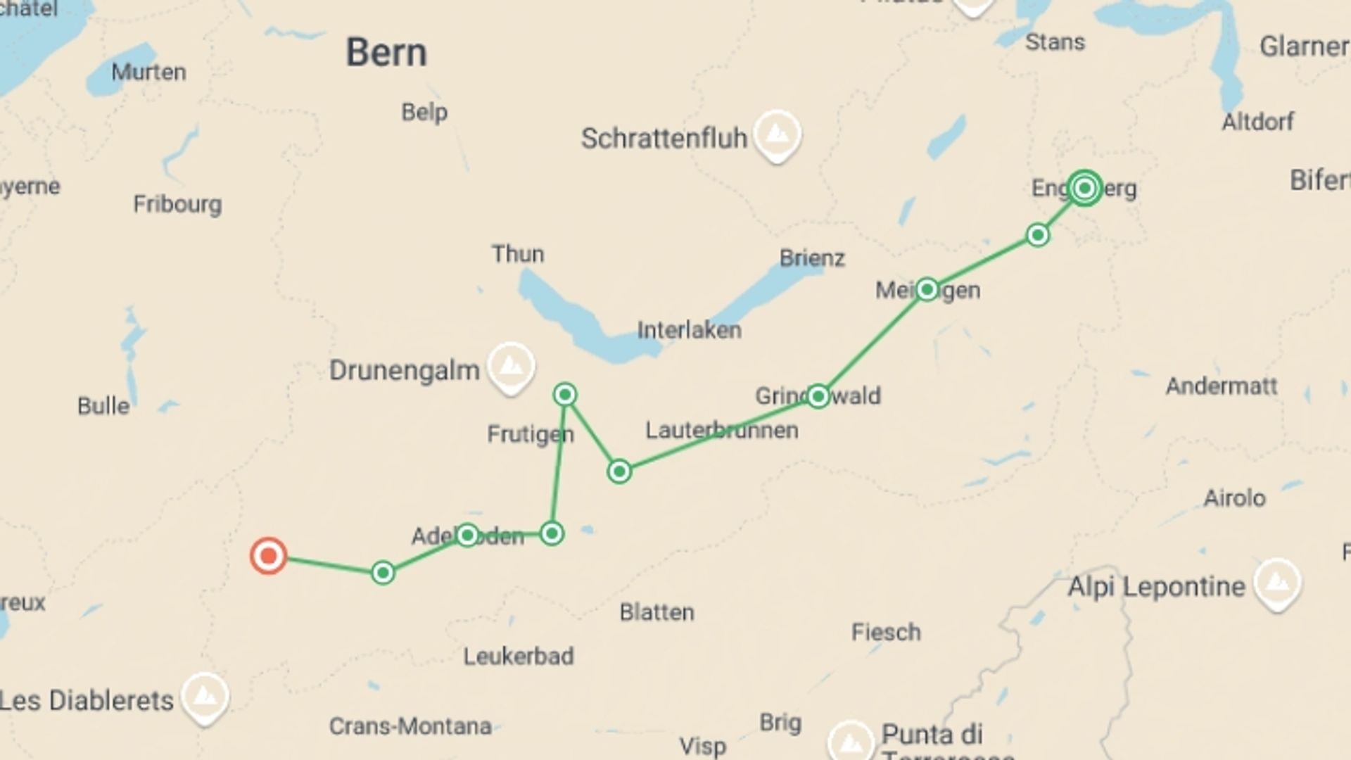 A map showing the tour itinerary for the trip: The Alpine Pass Route, starting in Engelberg, Switzerland and ending in Saanen, Switzerland going through 8 other destinations.