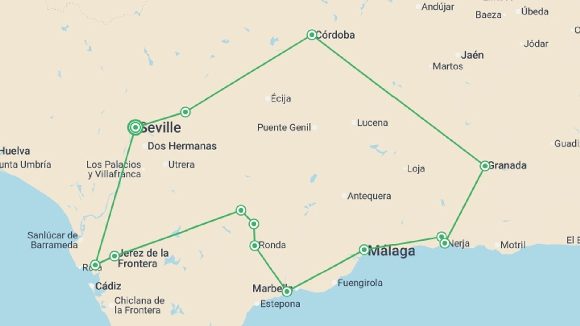 A map showing the tour itinerary for the trip: Andalusian Tradition, starting in Seville, Spain and ending in Seville, Spain going through 4 other destinations.