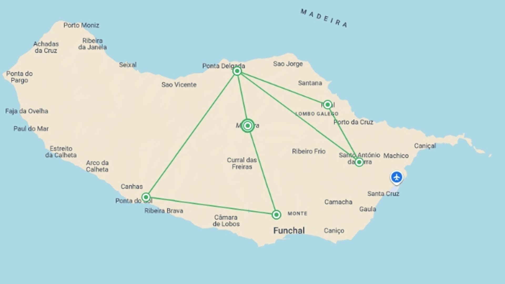 A map showing the tour itinerary for the trip: Discover Madeira, Self-drive, starting in Madeira, Portugal and ending in Madeira, Portugal going through 3 other destinations.