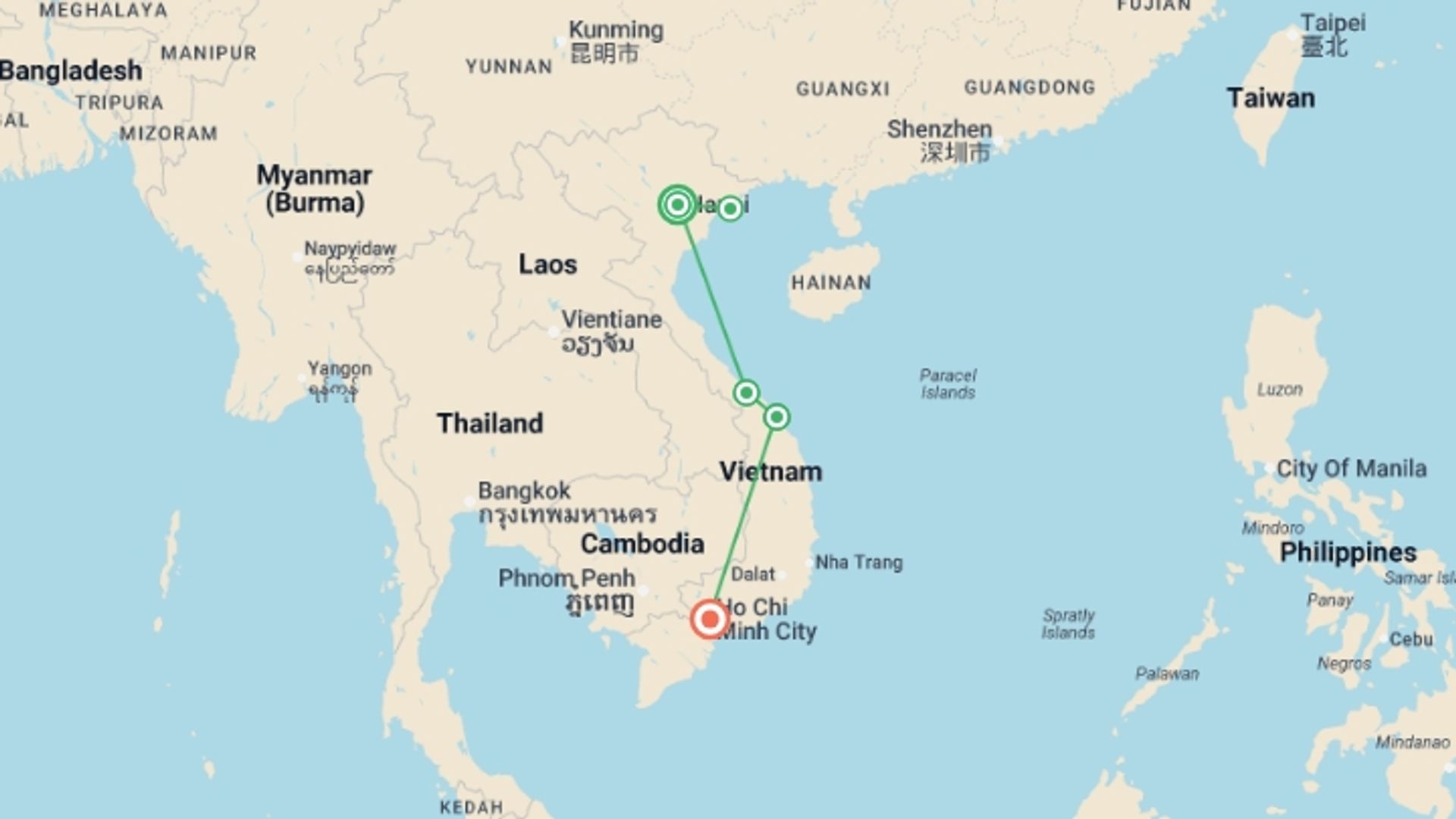 A map showing the tour itinerary for the trip: Very Vietnam (Partially Guided) - 10 days, starting in Hanoi, Vietnam and ending in Ho Chi Minh City, Vietnam going through 3 other destinations.