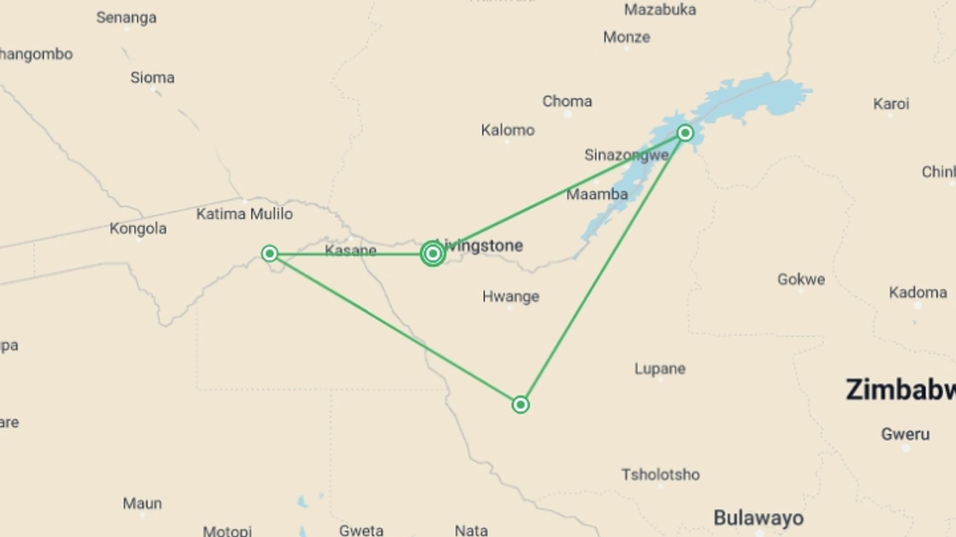 A map showing the tour itinerary for the trip: Zimbabwe & Botswana: Chobe, Hwange & Lake Kariba, starting in Victoria Falls, Zimbabwe and ending in Victoria Falls, Zimbabwe going through 3 other destinations.