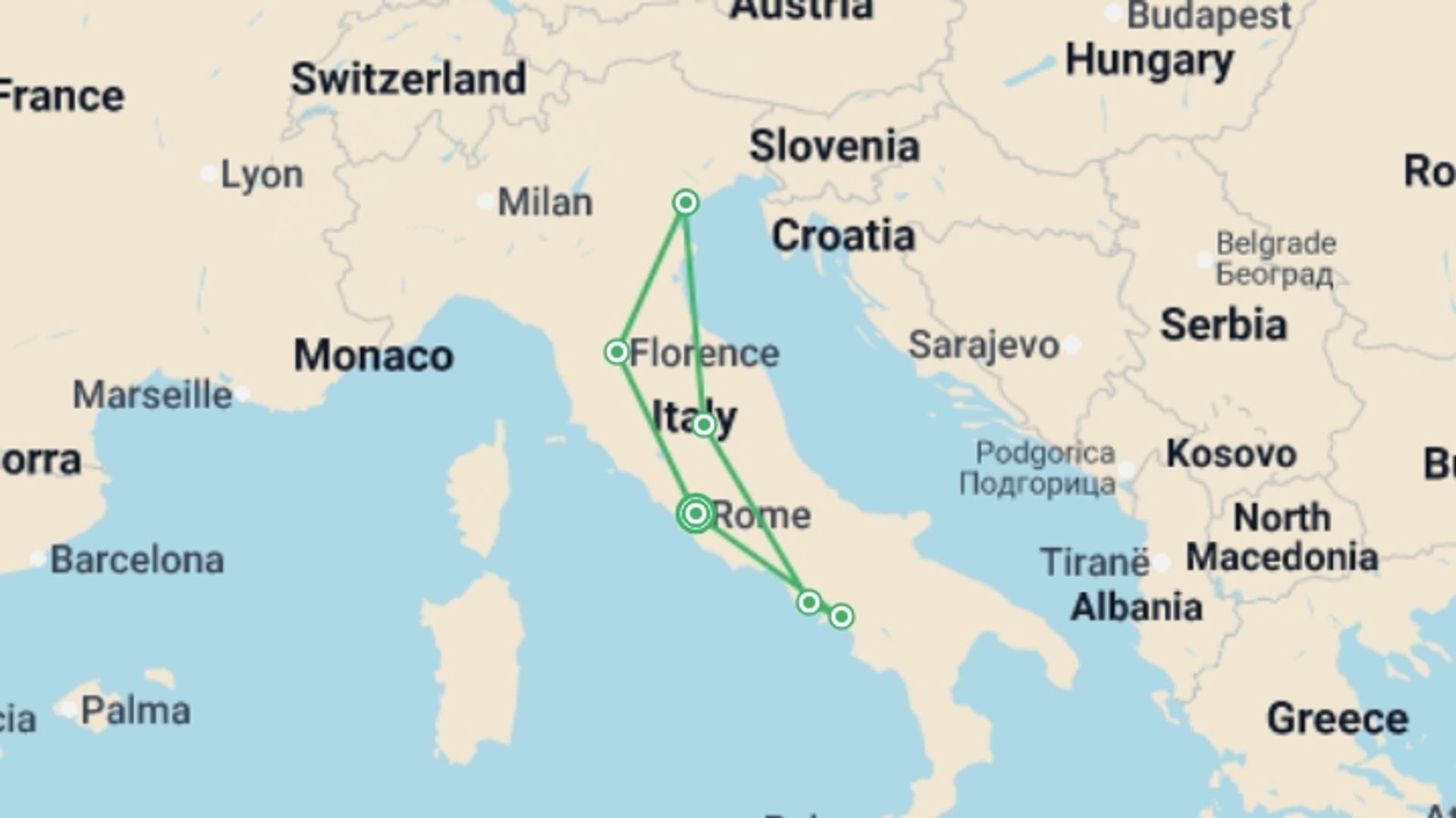 A map showing the tour itinerary for the trip: Italian Grand Odyssey Rome to Venice - 11 days, starting in Rome, Italy and ending in Rome, Italy going through 5 other destinations.