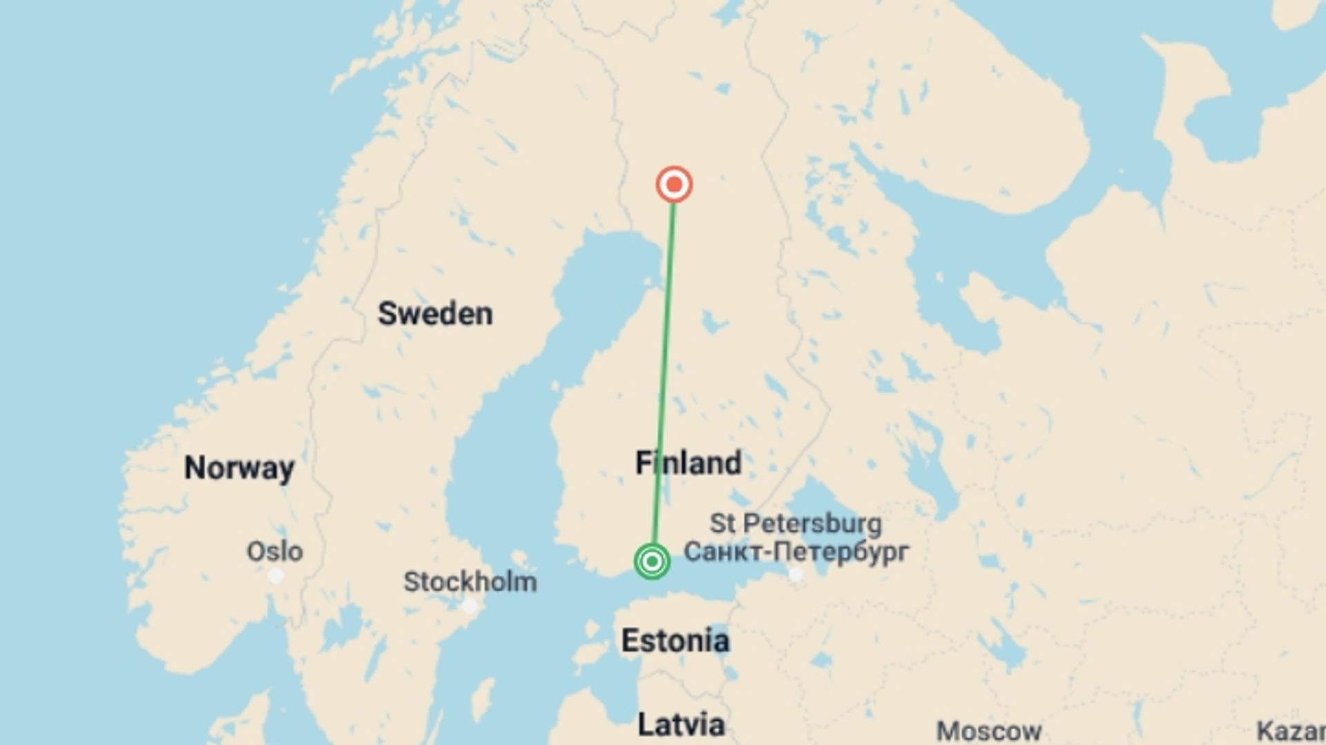 A map showing the tour itinerary for the trip: Finnish Lapland Discovery, starting in Helsinki, Finland and ending in Rovaniemi, Finland going through 0 other destinations.