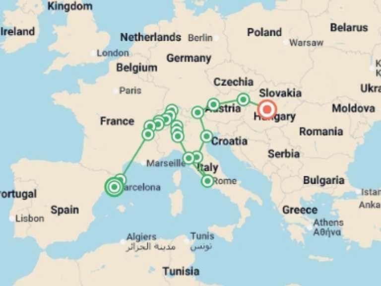 Map of Europe Tour with 12 destination visits for the trip: Magical Europe with Budapest