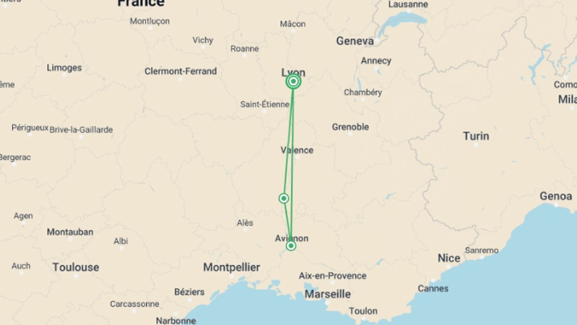 A map showing the tour itinerary for the trip: Fall Festival: Local History and Traditions on the Rhône River, starting in Lyon, France and ending in Lyon, France going through 2 other destinations.