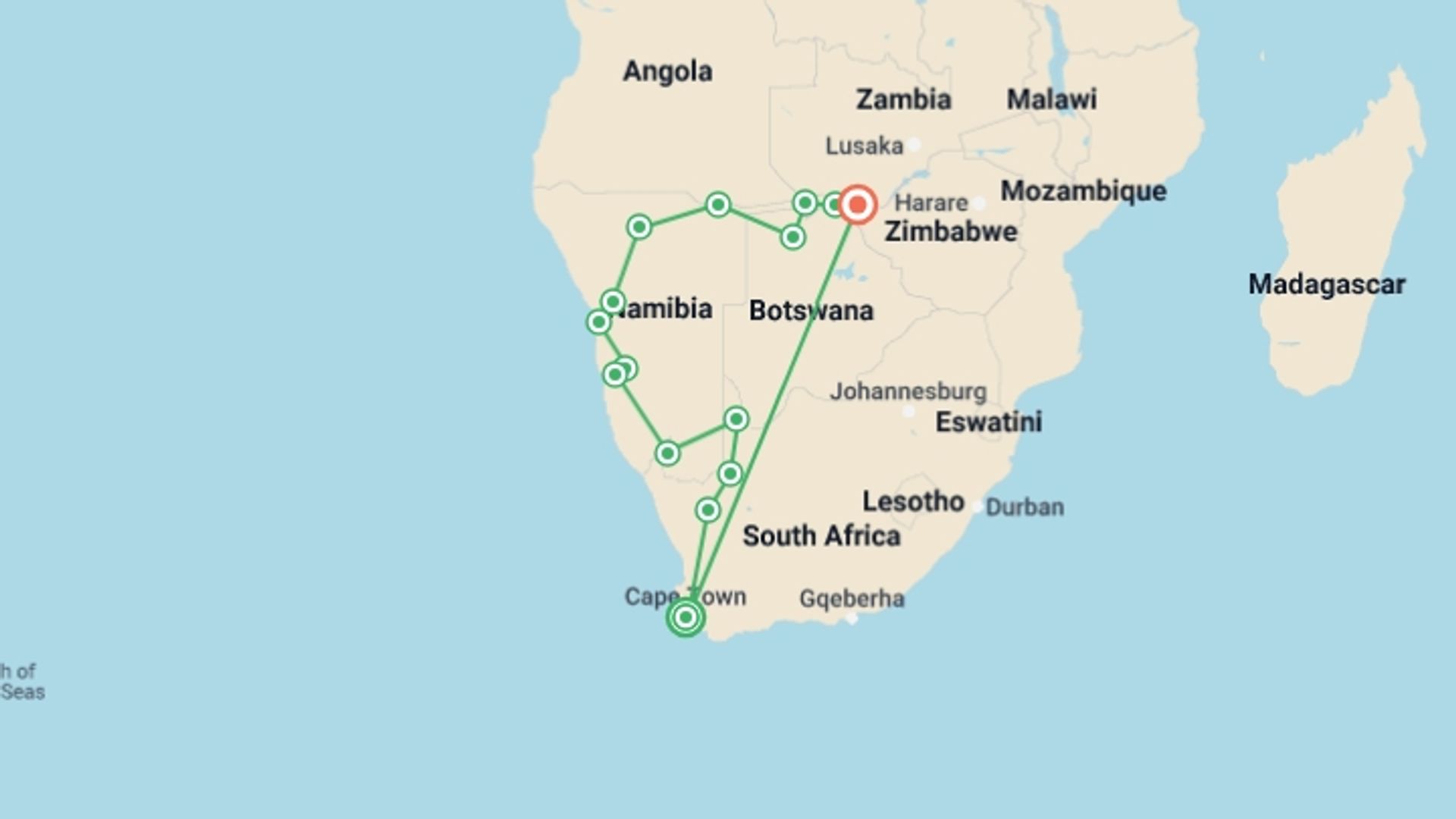 A map showing the tour itinerary for the trip: Southern Africa Explorer, starting in Cape Town, South Africa and ending in Victoria Falls, Zimbabwe going through 12 other destinations.