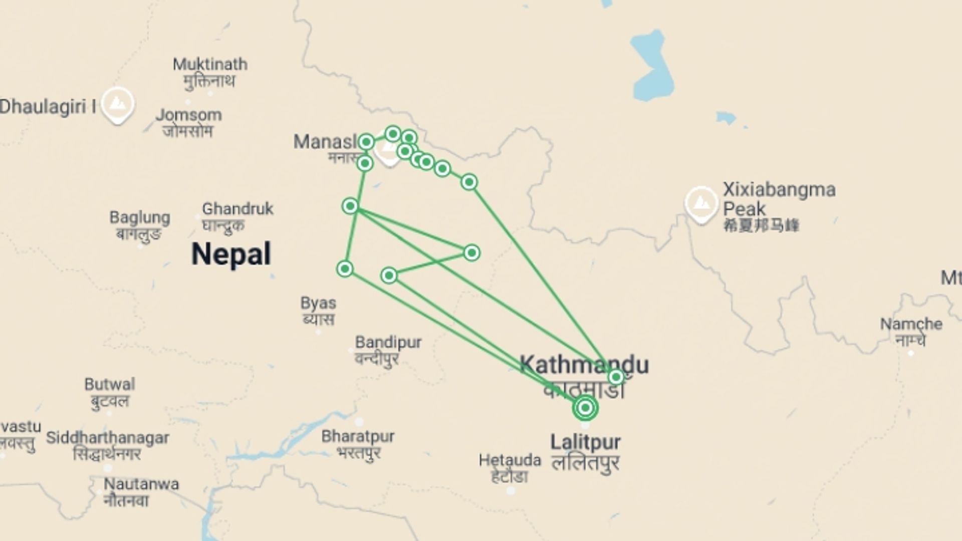 A map showing the tour itinerary for the trip: Manaslu Circuit & Base Camp Trek, starting in Kathmandu, Nepal and ending in Kathmandu, Nepal going through 16 other destinations.