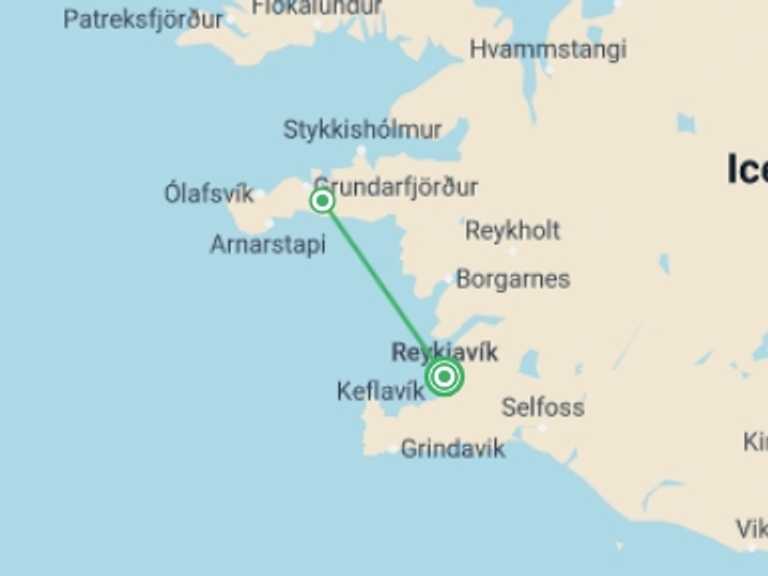 Map itinerary of Reykjavik Tour in June 2027 with 2 destination visits for the trip: Three Days in Iceland: Reykjavik & Snæfellsnes Peninsula
