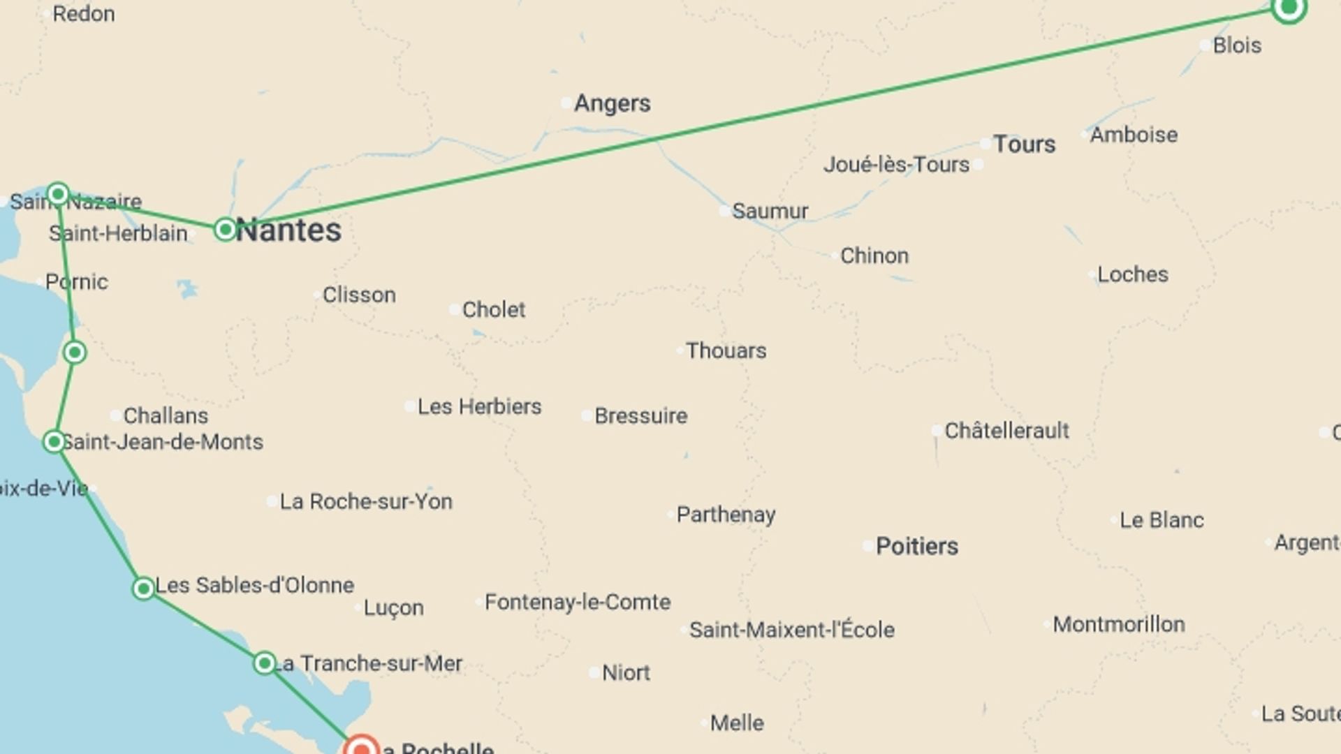 A map showing the tour itinerary for the trip: Atlantic Coast Cycle -  Nantes to La Rochelle, starting in Val de Loire, France and ending in La Rochelle, France going through 7 other destinations.