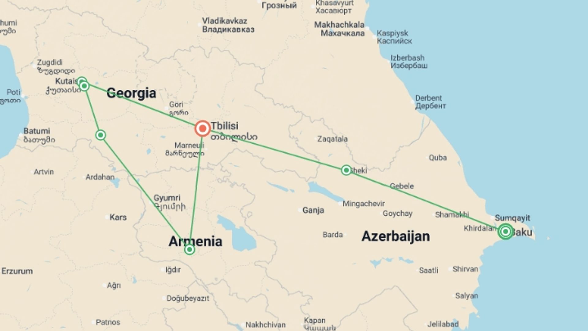 A map showing the tour itinerary for the trip: Azerbaijan Georgia and Armenia Tour (16 Days), starting in Baku, Azerbaijan and ending in Tbilisi, Georgia going through 5 other destinations.
