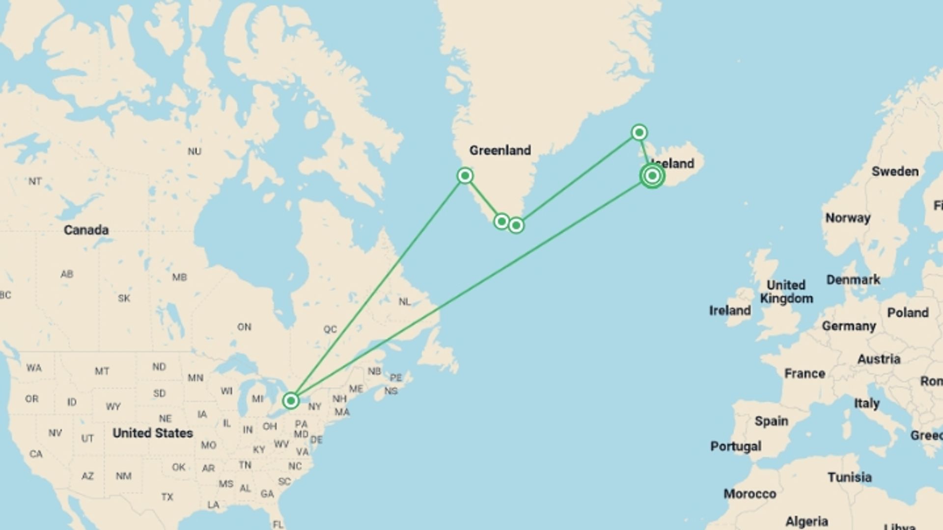 A map showing the tour itinerary for the trip: Wild Fjords of South Greenland: Land of the Vikings, starting in Reykjavik, Iceland and ending in Reykjavik, Iceland going through 3 other destinations.