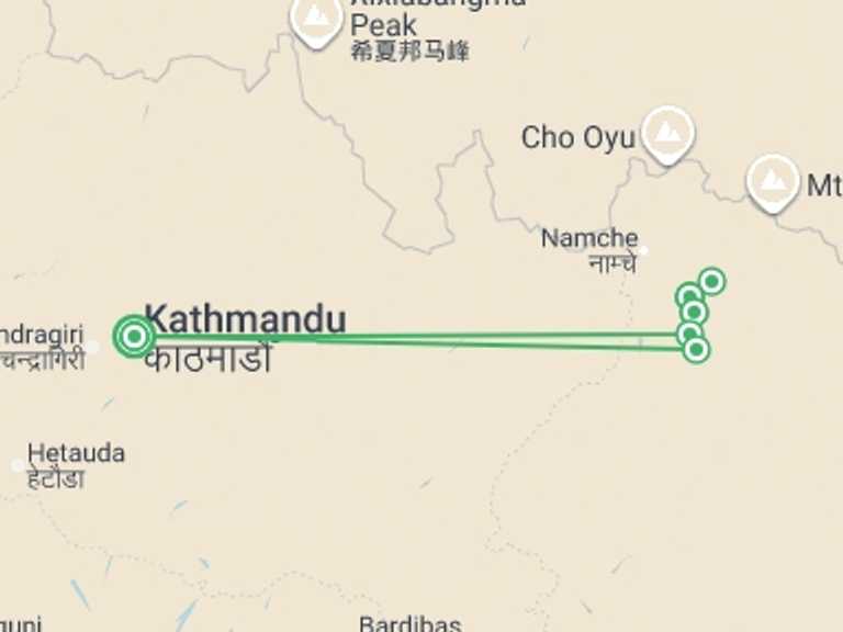 Map itinerary of Nepal Tour in January 2026 with 7 destination visits for the trip: Everest Trek in Comfort