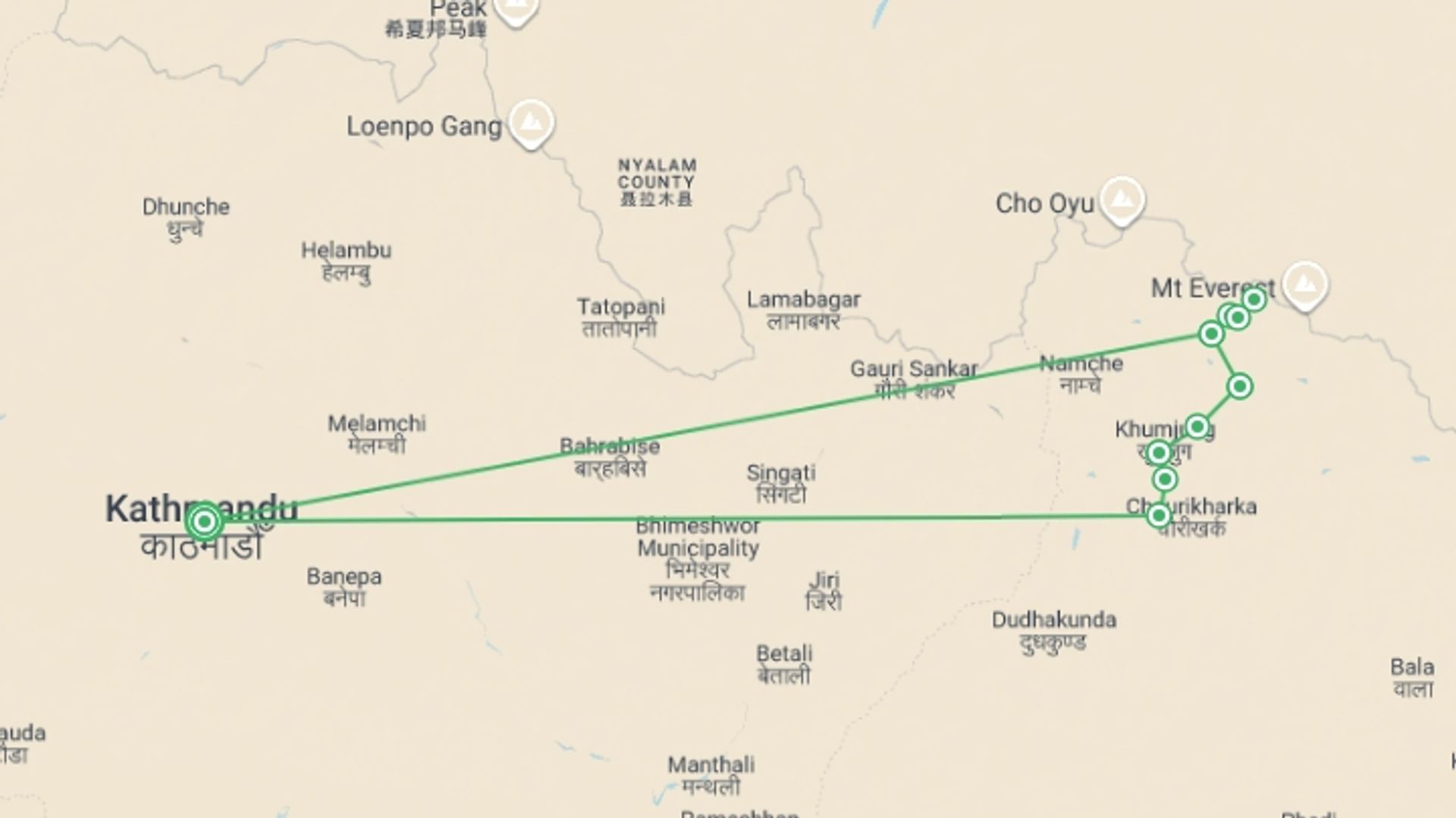 A map showing the tour itinerary for the trip: Everest Base Camp High Flyer in Comfort, starting in Kathmandu, Nepal and ending in Kathmandu, Nepal going through 8 other destinations.