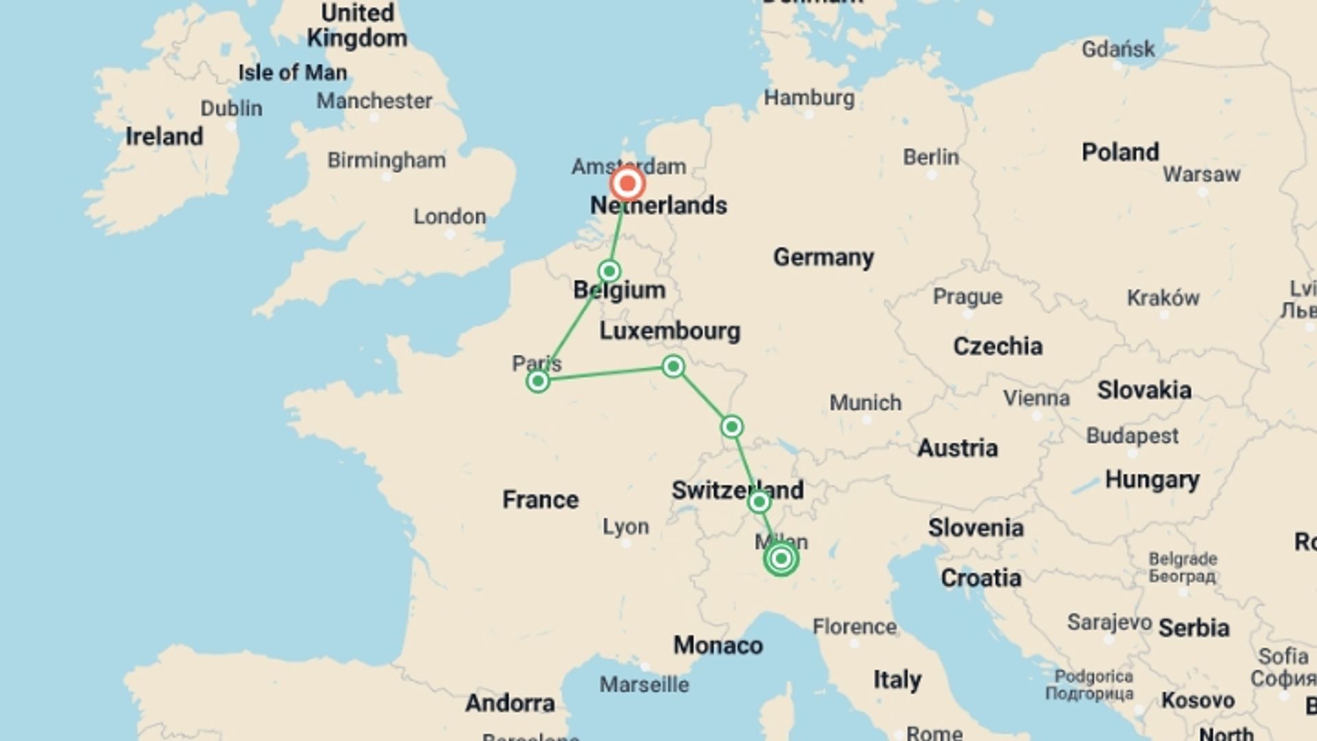 A map showing the tour itinerary for the trip: Milan to Amsterdam Rail Express, starting in Milan, Italy and ending in Amsterdam, Holland going through 5 other destinations.