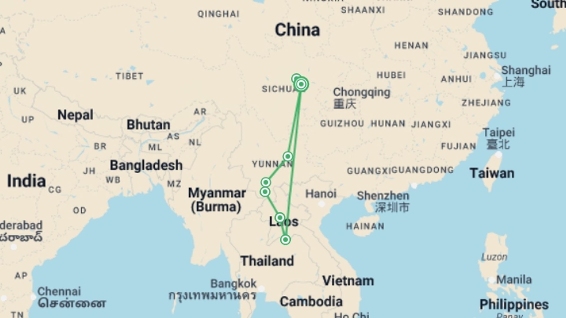 A map showing the tour itinerary for the trip: Cultural Treasures And Serene Landscapes: Chengdu's Path To Laos Tour, starting in Chengdu, China and ending in Chengdu, China going through 6 other destinations.