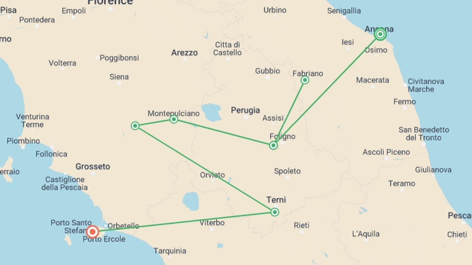 A map showing the tour itinerary for the trip: Italy Coast to Coast by Gravel Bike, starting in Ancona, Italy and ending in Argentario, Italy going through 7 other destinations.