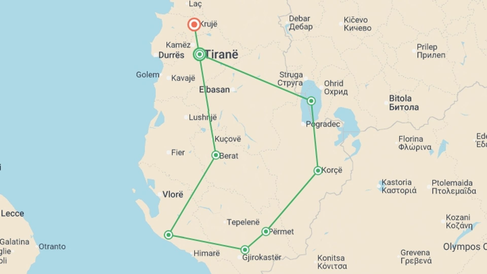 A map showing the tour itinerary for the trip: Highlights of Albania, starting in Tirana, Albania and ending in Kruje, Albania going through 6 other destinations.