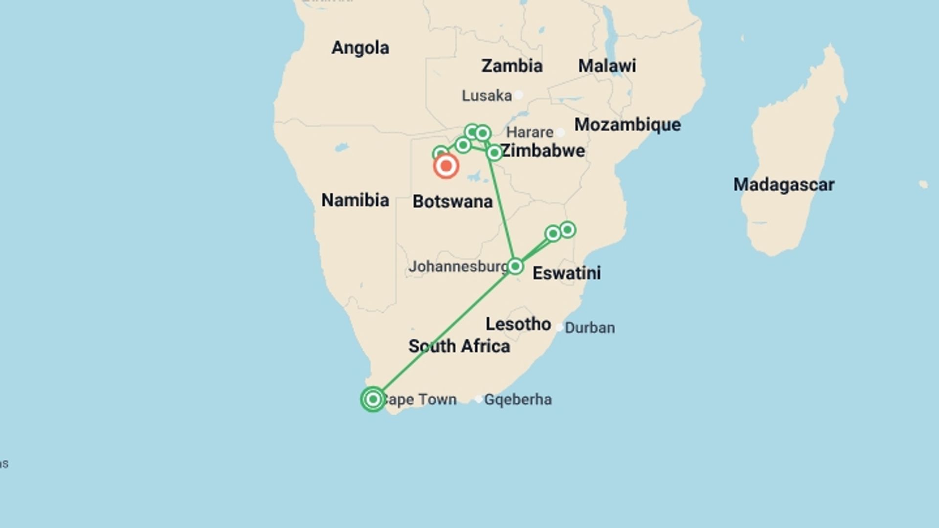 A map showing the tour itinerary for the trip: Journeys: The Great Southern Africa Safari, starting in Cape Town, South Africa and ending in Maun, Botswana going through 7 other destinations.