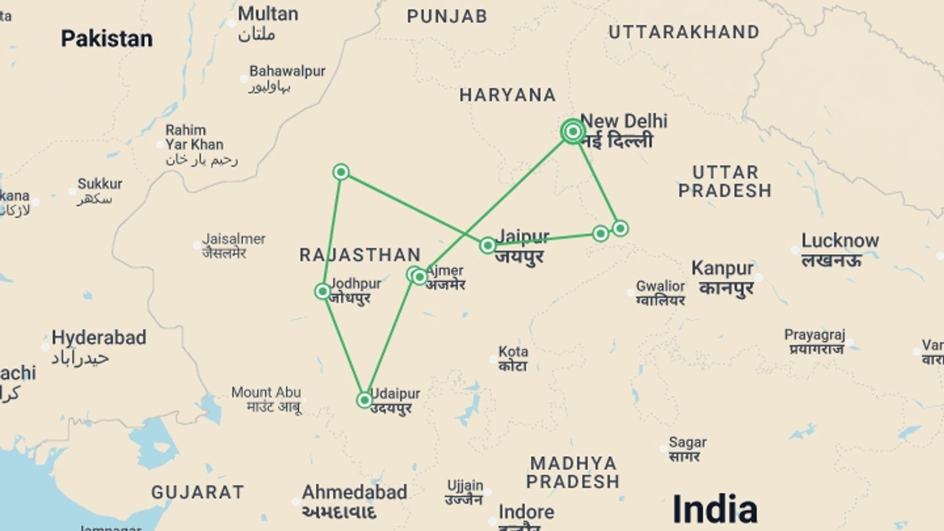 A map showing the tour itinerary for the trip: Special Rajasthan, 10 Days Tour, starting in New Delhi, India and ending in New Delhi, India going through 6 other destinations.