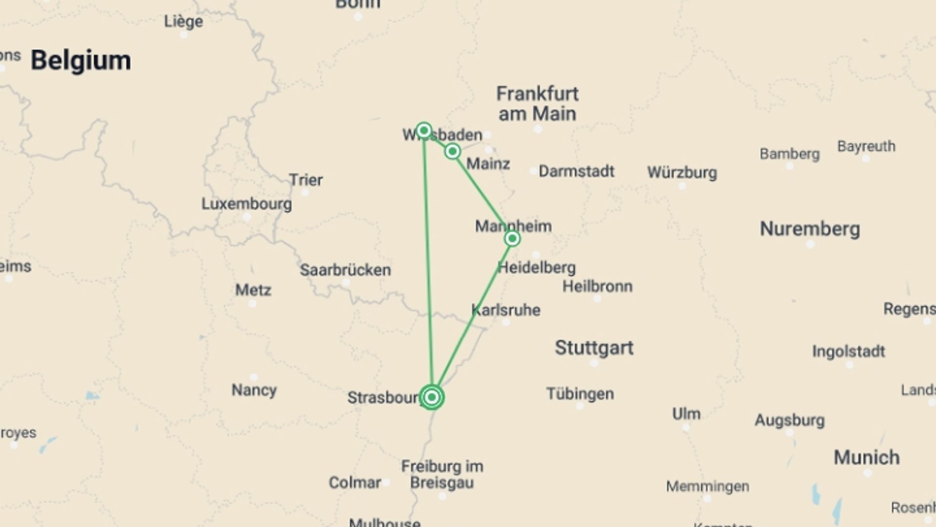 A map showing the tour itinerary for the trip: The Rhine in celebration (Port-Port), starting in Strasbourg, France and ending in Strasbourg, France going through 2 other destinations.