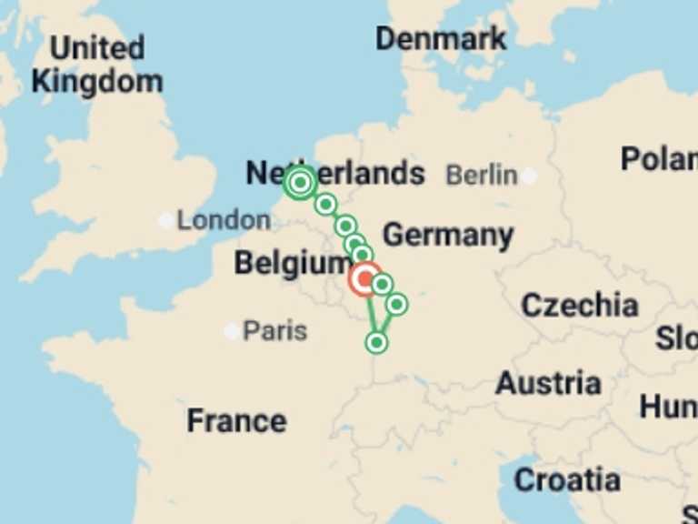 Map of Europe Tour with 7 destination visits for the trip: New year in Holland and the romantic Rhine (port-to-port cruise)