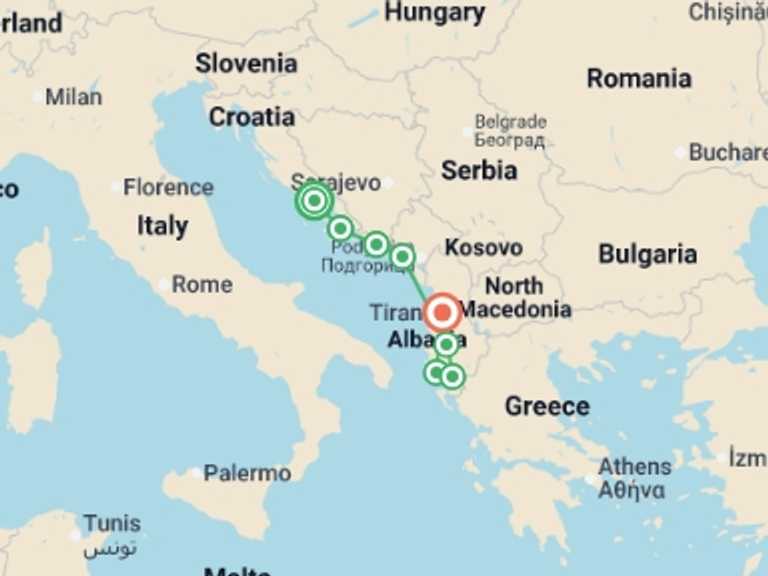 Map itinerary of Split Tour in June 2027 with 8 destination visits for the trip: Premium Croatia, Montenegro and Albania
