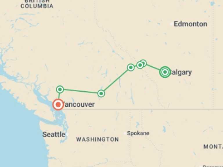 Map of Canada Natural landmarks sightseeing Tour with 6 destination visits for the trip: Canadian Rockies Express