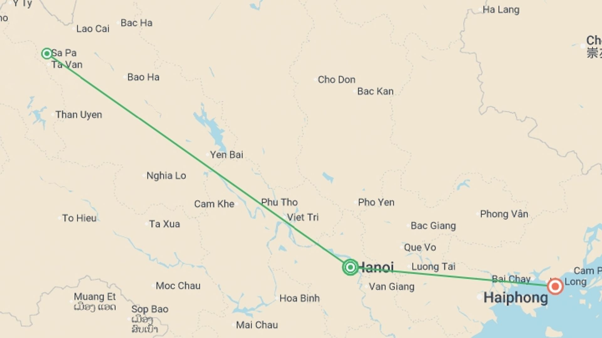 A map showing the tour itinerary for the trip: Northern Vietnam Signature Journey: Hanoi, Sapa, Ninh Binh & Halong Bay, starting in Hanoi, Vietnam and ending in Halong Bay, Vietnam going through 1 other destinations.