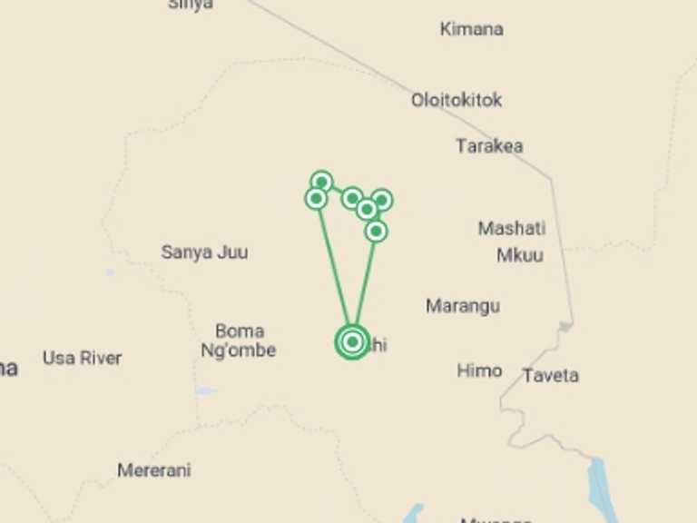 Map itinerary of Africa Tour in June 2026 with 8 destination visits for the trip: 7-Day Kilimanjaro Climb via Machame Route