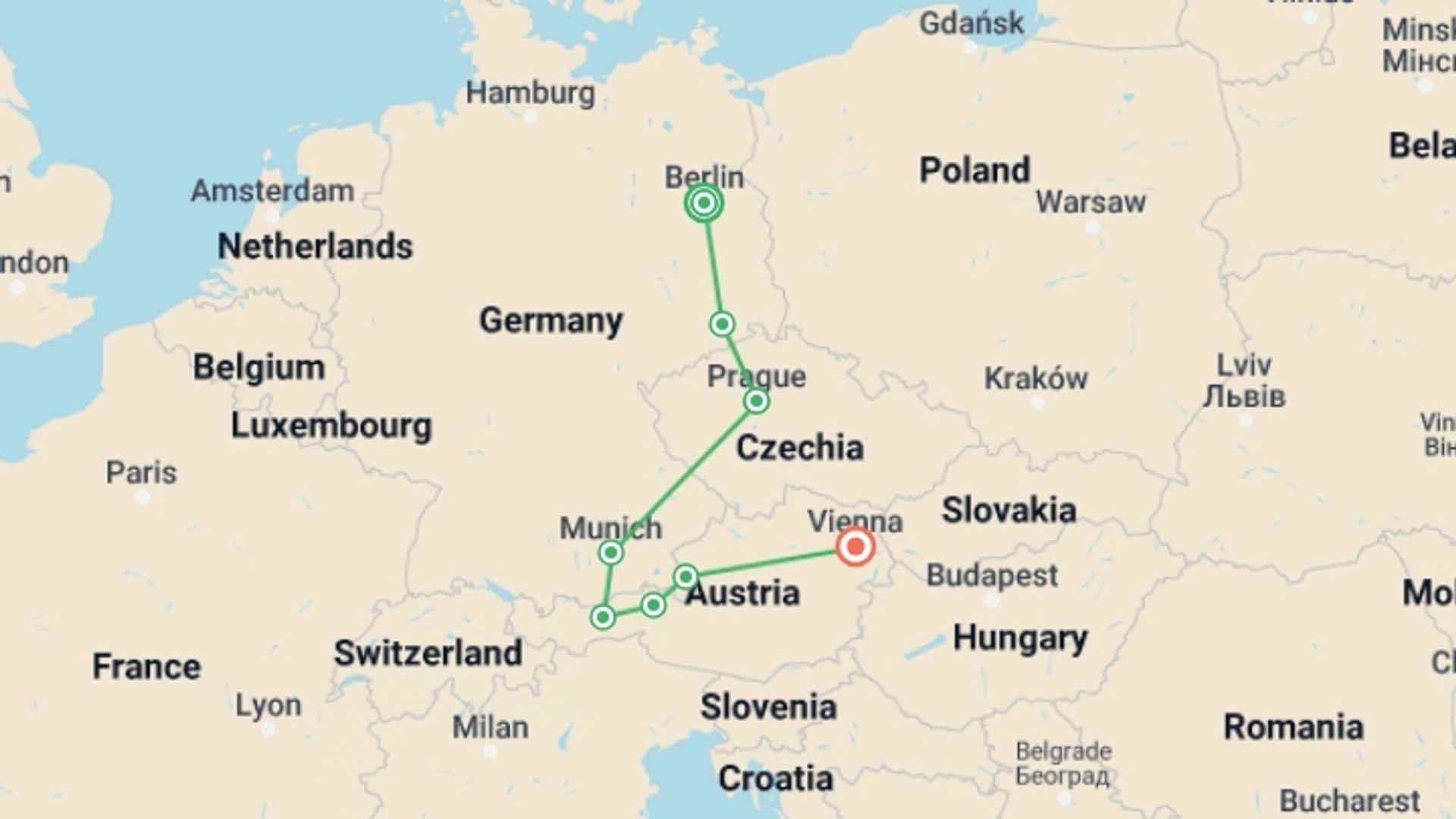 A map showing the tour itinerary for the trip: Treasures of Germany, Prague and Austria, starting in Berlin, Germany and ending in Vienna, Austria going through 4 other destinations.