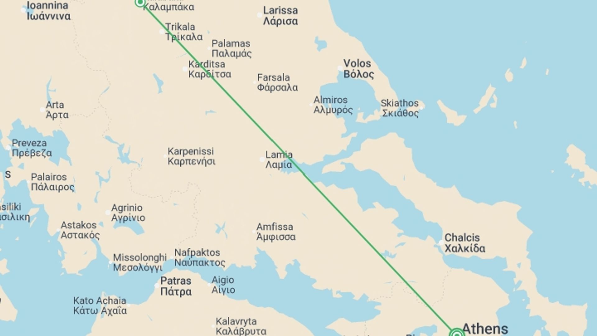 A map showing the tour itinerary for the trip: Athens and Northern Greece with Meteoras, starting in Athens, Greece and ending in Athens, Greece going through 1 other destinations.