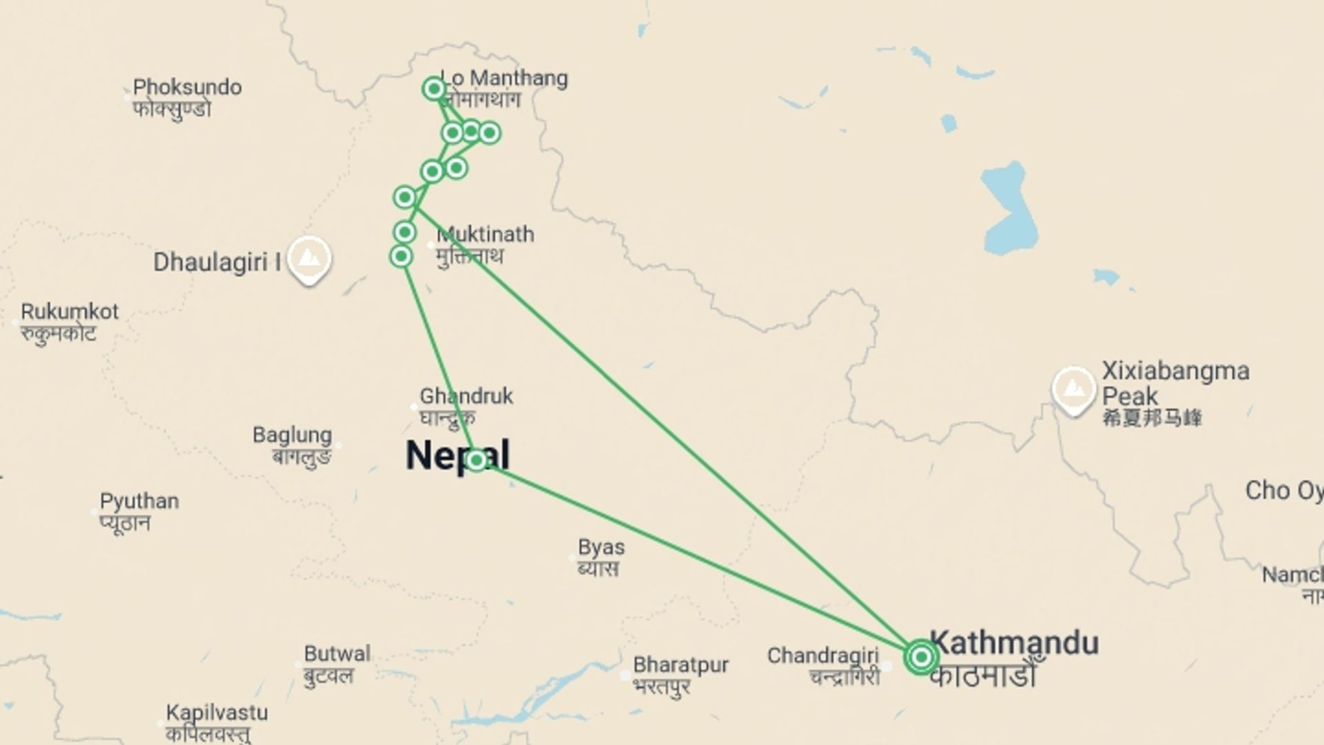 A map showing the tour itinerary for the trip: The Kingdom of Mustang, starting in Kathmandu, Nepal and ending in Kathmandu, Nepal going through 9 other destinations.
