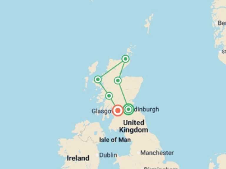 Map itinerary of UK and Britain Tour in August 2026 with 6 destination visits for the trip: Country Roads of Scotland - Premium