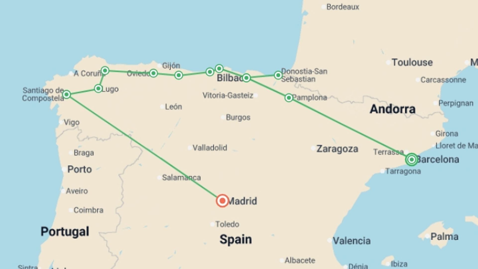 A map showing the tour itinerary for the trip: Barcelona & Northern Spain to Madrid - 10 days, starting in Barcelona, Spain and ending in Madrid, Spain going through 4 other destinations.