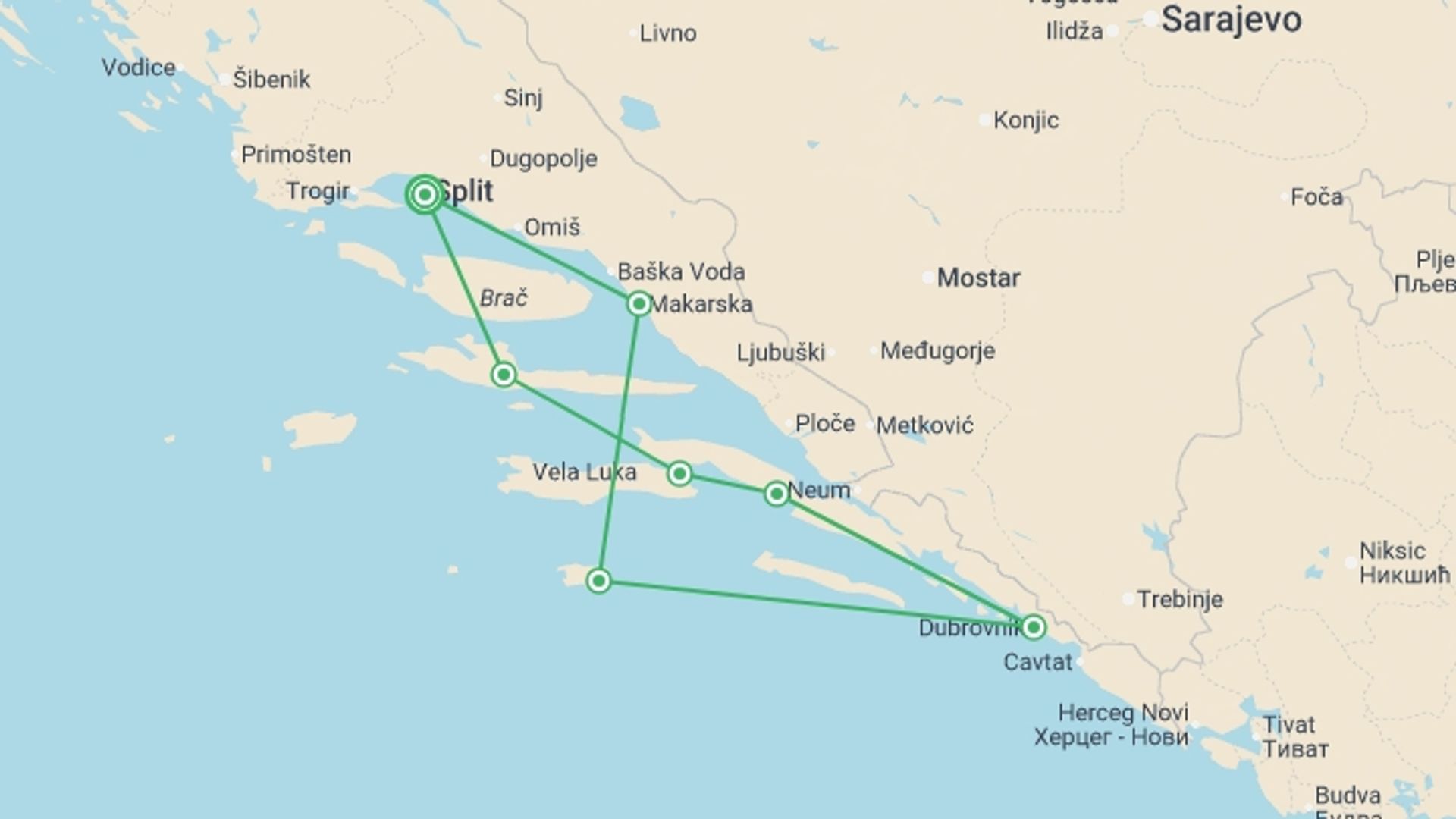 A map showing the tour itinerary for the trip: Adriatic Youth Sailing Adventure - 10 days, starting in Split, Croatia and ending in Split, Croatia going through 6 other destinations.