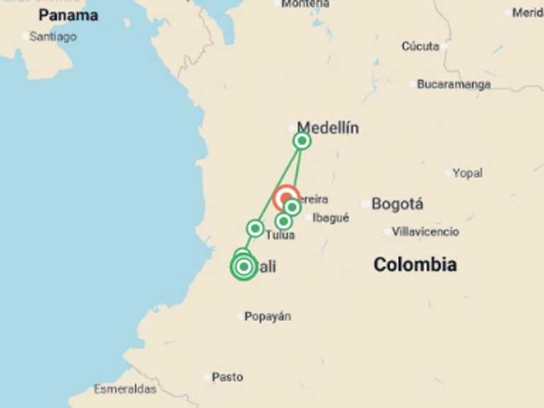 Map itinerary of Colombia Tour in August 2026 with 8 destination visits for the trip: Road Cycling Colombia: Cali to Coffee Paradise